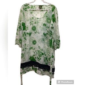 Fei Anthropologie floral white/green 3/4 sleeve  tunic-dress size L